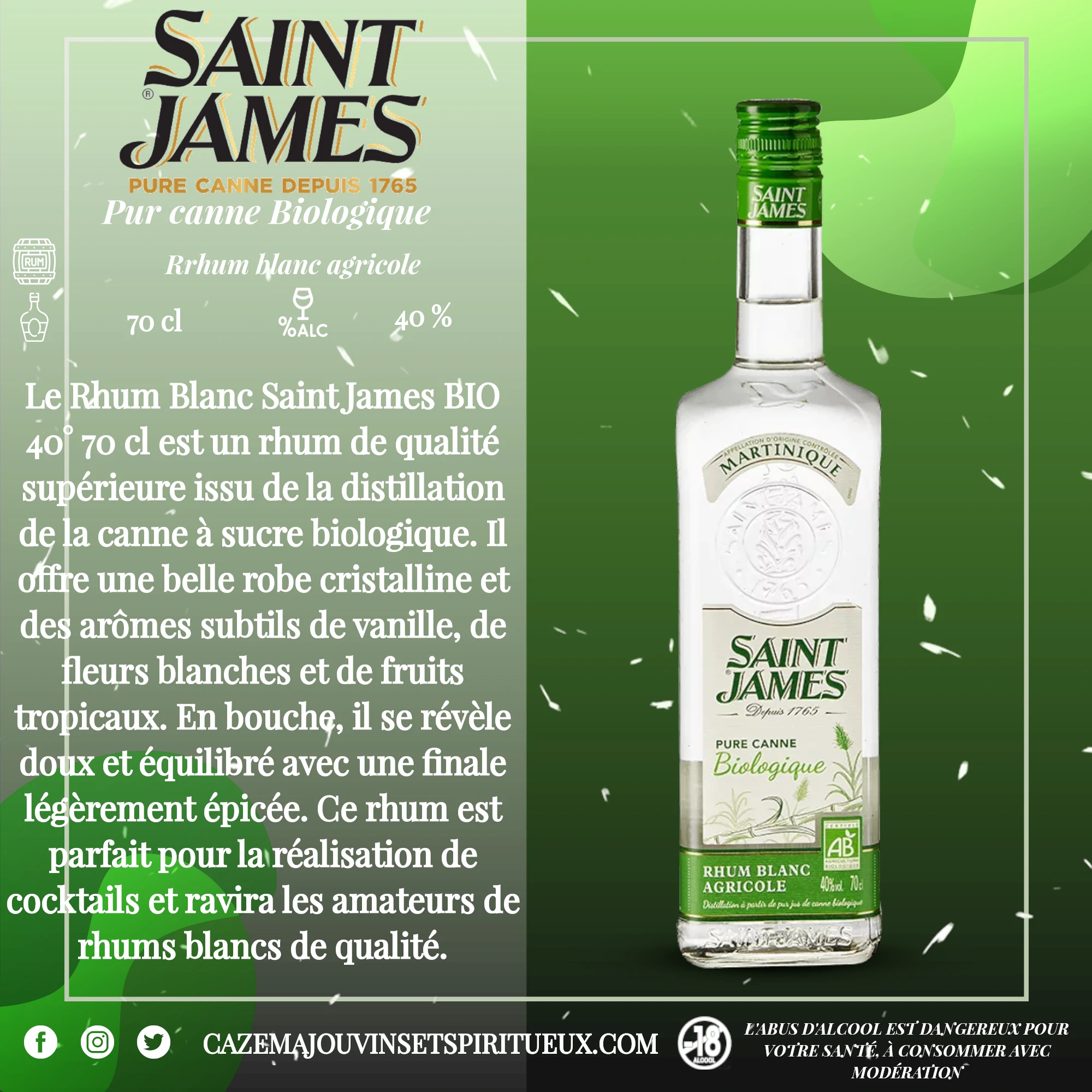 Rhum Blanc Saint James BIO 40° 70 Cl